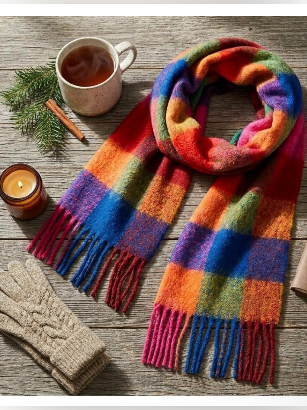 NWT Steve Madden Women’s Serena Scarf Multi Bright Color Plaid Fringe Scarf